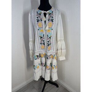 Tory Burch Embroidered Cotton Boho Dress With Tassel Tie & Lace Detail